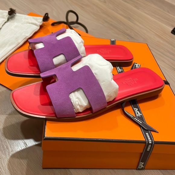 LBNIB AUTHENTIC HERMES Suede Purple & Hot Pink Orans SZ. 38.5 or 8.5 - Picture 6 of 14